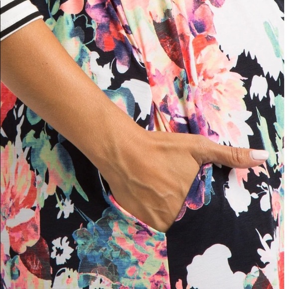 PinkBlush Navy Blue Neon Floral Striped Colorblock Maternity Maxi - Picture 2 of 4